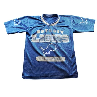 Detroit Lions Shirt Youth Large Blue NFL Football Mesh V-Neck Short Sleeve 90s - Image 1 of 4