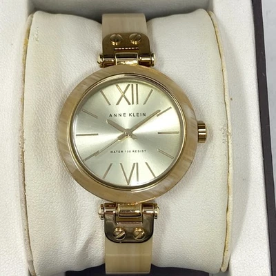 Anne Klein 手表女式 34 毫米金色米色树脂带盒 WR 30M 全新电池 7 — 第 1/4 张图片