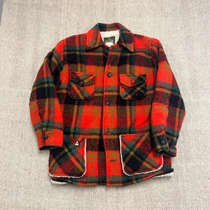 Vintage Canadian Camper Coat Mens Medium Red 1970s Sherpa Lined Plaid Wool - Picture 1 of 9