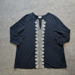 J Jill Top Womens Size XL Blue White Embroidery V Neck 3/4 Sleeve Boho Peasant - Picture 1 of 9