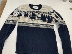 Abercrombie & Fitch Sweater Men Med Navy Blue Deer Fair Isle Cotton Blend - Picture 1 of 8
