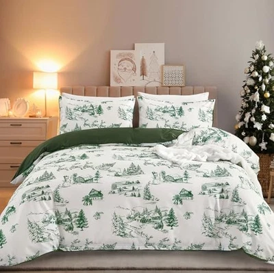  Juego de Cama King Navidad Verde Navidad Edredón King 104"x90" Verde Blanco Foto 1 de 4