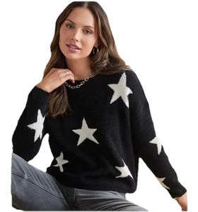 Francescas Carey Teddy Star Sweater Black White Crew Neck Oversized Boxy S - Picture 1 of 12
