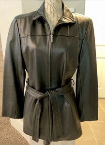 WORTHINGTON Women’s Sz L 100% Genuine Leather Jacket Black Zip Up w/Belt Lined - Picture 1 of 6