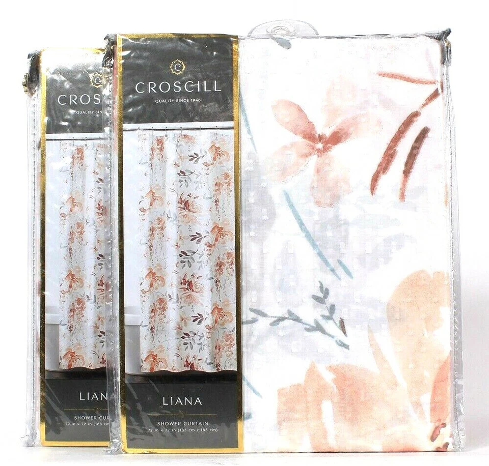 Croscill Liana 100 Fabric Shower Curtain Floral White Blue Rose Pink Soft Coral