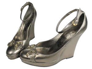 GUCCI Womens Wedge Slingback Shoes 6.5 B Horsebit Metallic Leather Italy Heels - Picture 1 of 11