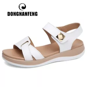 Zapatos De Verano Para Mujer Sandalias Planas De Cuero Genuino Moda Casual Playa - Picture 1 of 8