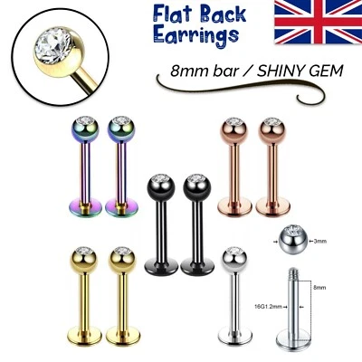 Labret Piercing Stud Gem Flat Disc Back Face Medusa Tragus Helix Lips Earrings - Image 1 of 4