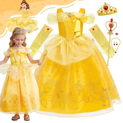 Princess Belle Costume Girls Off Shoulder Dresses Fancy Party Dress Up Outfit UK - Image 1 of 4