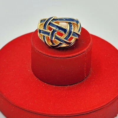 Vtg Sz 5 Ring Blue Enamel Open Lattice Weave Dome Fashion Jewelry Gold Plated  - Image 1 of 4