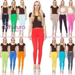 Women's Full Length High Waisted Cotton Leggings Plain Pants 8-20 UK Size LWP - Picture 1 of 102