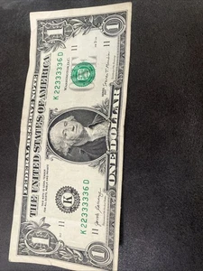 Liars Poker $1 bill with 5 of a Kind (3’s).Trinary,with 5 - 3’s In A Row - Picture 1 of 4