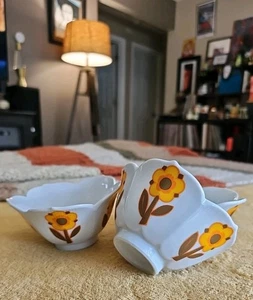 Flower Power Schalen 70er Jahre Lotusblume orange 4" Eisschalen Set (3) Glas - Bild 1 von 8