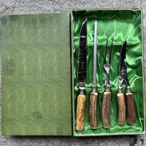 Vintage Anton Wingen Jr. Solingen Germany Stag Handle Carving Set w/ Box - Picture 1 of 20