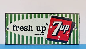 VINTAGE 7up "FRESH UP" SODA POP PORCELAIN ENAMEL METAL SIGN SIZE 7" x 3" - Picture 1 of 6