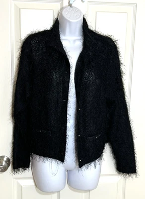 Jamie Sadock Chaqueta Tejida Fina Pestañas Peludas Negras, Botón de Diente - Talla Mediana Foto 1 de 4