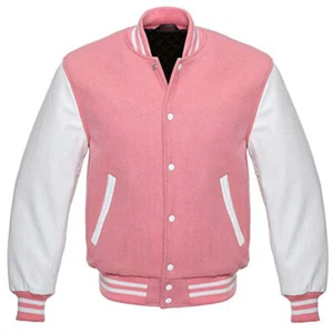 Letterman Varsity Bomber Baseball Jacket Pink Wool & White Leather Sleeves - Picture 1 of 4