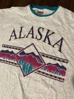 Camiseta Vintage Retro Años 90 Doble Cuello Mangas EE. UU. ALASKA Oneita Sing Stitch Foto 1 de 4