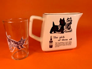 Vintage BLACK & WHITE Scotch Whiskey Water Jug Pitcher Scottie/Westie + Tumbler - Picture 1 of 14