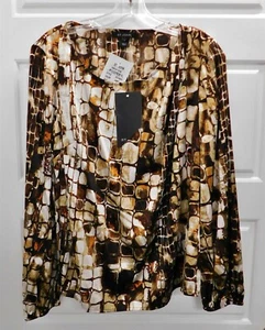 New St John $595rt Brown Ivory Silk Stretchy Long Sleeve Top Blouse sz 4 - Picture 1 of 5