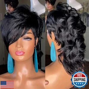 PangDongLai 80s 90s Mullet Wig Human Hair Pixie Cut Wig for Black Women Mulle - Picture 1 of 5