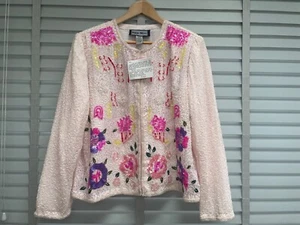 INDIGO MOON Beaded Pink Jacket Large Embroidered Sequin Floral Smart Vintage - Picture 1 of 10