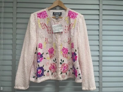 INDIGO MOON Beaded Pink Jacket Large Embroidered Sequin Floral Smart Vintage - Image 1 of 4