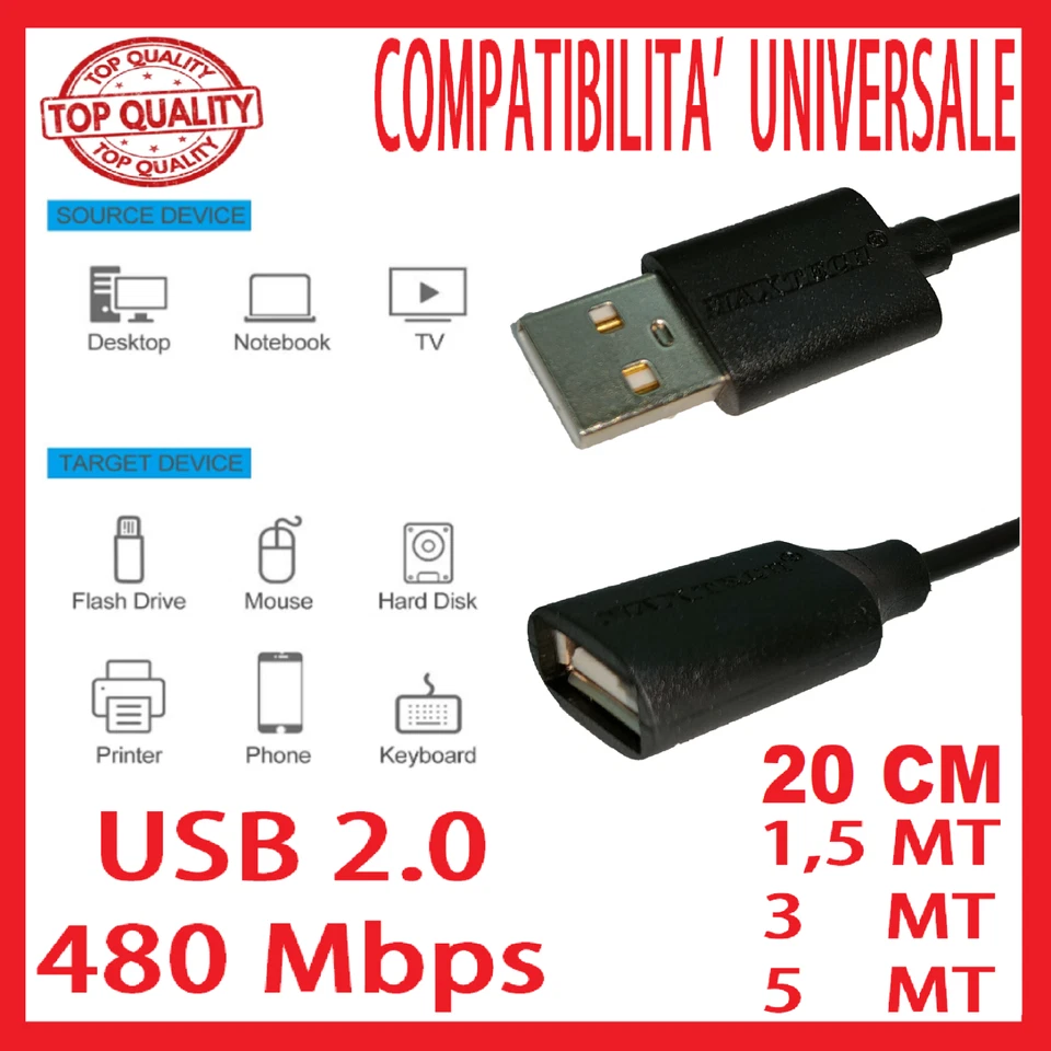Prolunga USB 2.0 Tipo A Maschio Femmina Cavo Dati Computer PC Stampante HD Corto - Immagine 1 di 4