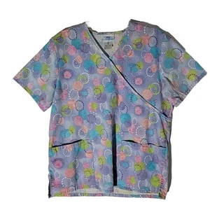 Scrub Top Womens Medium Blue Pink Purple Geo Circles Retro Nurse Tunic  Fun  - Picture 1 of 9