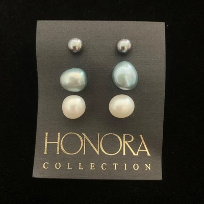 Honora Collection Cultured Freshwater Pearl Earrings Set Of 3 Estate Vintage - Image 1 of 4
