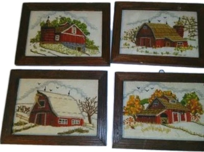 Juego de 4 arte de pared rústico de granja bordado paisaje granero punta de aguja enmarcado Foto 1 de 4