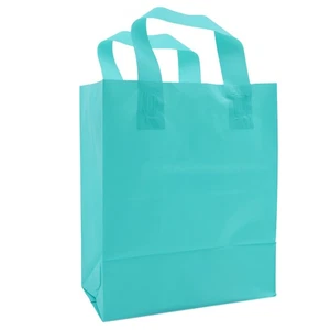 SSWBasics Medium Aqua Frosted Plastic Shopping Bags - 8" x 5" x 10" - Case - Picture 1 of 2