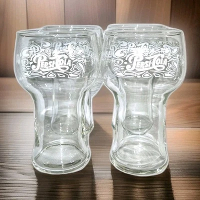 Juego de 4 vasos de vidrio Pepsi Cola vintage años 70 16 onzas blanco sobre vidrio transparente 6" Foto 1 de 4