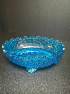 Vintage Blue Pressed Glass Daisy Button Oval Bowl 4-Footed 6.25" - Picture 1 of 9