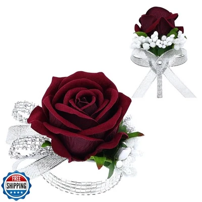 Juego de 2 ramilletes y boutonniere rosa borgoña Vkkperp, corsé de muñeca artificial Foto 1 de 4