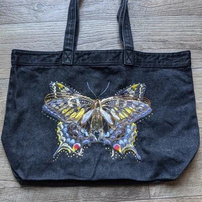 Butterfly Denim Tote Bag Embroidered Black Denim DG2 Diane Gilman New with Tags - Image 1 of 4