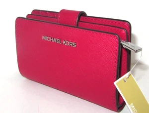 Michael Kors Jet Set Travel Medium Leather Bifold Zip Coin Wallet Dark Raspberry - Picture 1 of 11