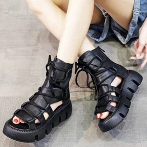 Sandalias Gladiator Mujer Cuero de Vaca con Tiras Plataforma Gruesas Botas al Tobillo de Verano - Imagen 1 de 10