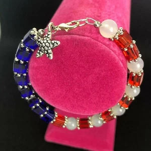 Patriotic Red White Blue Bracelet Square Glass Beads White Round Quartz  - Picture 1 of 6