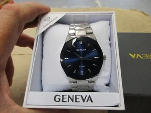 New Old Stock Geneva Diamond Men's Quartz Watch Silver Tone Blue Dial - Picture 1 of 4
