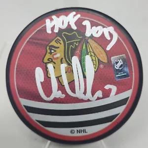 Chris Chelios signed Chicago Blackhawks NHL Logo Puck w/ Free Cube - Picture 1 of 3