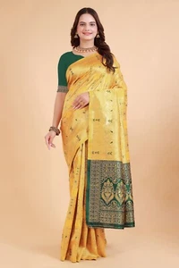 Woman's Kota-Litchi Jacquard Border Yellow Saree with Unstitched Blouse Piece. - Foto 1 di 4