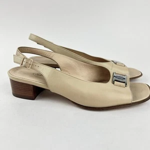SALVATORE FERRAGAMO RENATA Spago Beige Calf Slingback Block Heel Sandals Sz 7 B - Picture 1 of 19