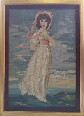 Antiguo tapiz victoriano de punta de aguja pequeña Pinkie LG con doble marco Foto 1 de 4