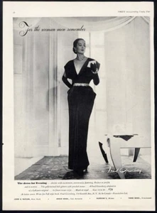 FRED GREENBERG 1950 Fashion Ad EVENING GOWN Black and Bejeweled Gold Belt - Picture 1 of 1