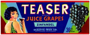 Flapper Girl Sipping Wine Teaser Juice Grapes Crate Label Kettleman, CA VV - Picture 1 of 2