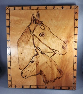 Horse Heads Wall Hanging Décor Foal Plywood Wooden Hot Iron 10” X 11” Handmade - Picture 1 of 3