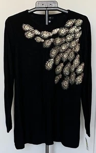 Alfani Black and Gold Peacock Feather Long Sleeve Top - Picture 1 of 8
