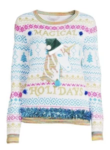 No Boundaries 3D CHRISTMAS Sweater Size L Unicorn Tinsel Sequin Magical Ugly - Picture 1 of 5