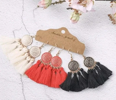 3pairs Red,white , Black Boho Tassel Drop Earrings Bundles Jewelry Accessories - Image 1 of 2